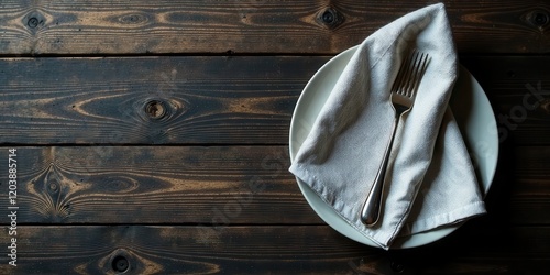 A Simple Place Setting Rustic Wooden Table with Elegant Silverware and Linen Napkin