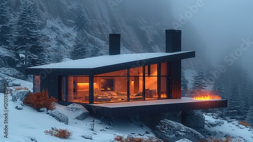 Single-story, black standing seam metal facade, large floor-to-ceiling window, warm amber light glowing inside, located at the foot of a high mountain, gloomy weather, snow and fog.