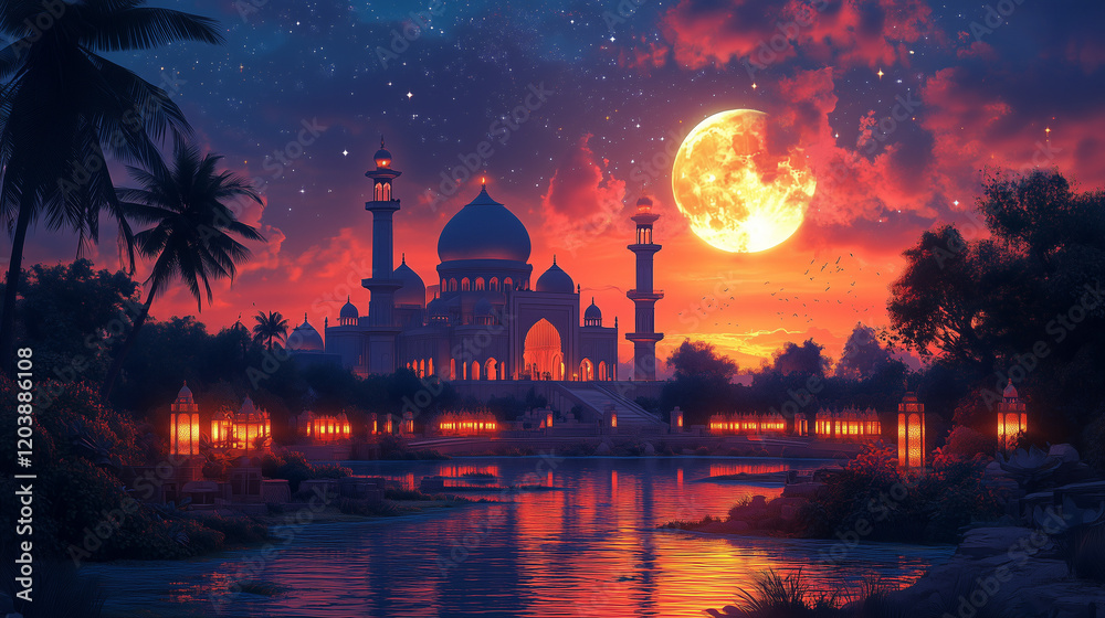 Obraz premium A detailed illustration of a mosque during Ramadan night, glowing with golden lights, with a crescent moon shining in a starlit sky
