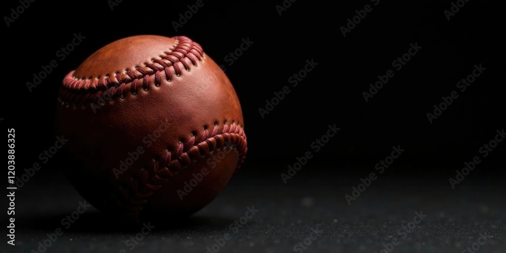 A well-worn leather baseball rests on a dark surface, its stitching prominent against the deep black background. The low-key lighting emphasizes the texture and craftsmanship of the ball. A well-worn leather baseball rests on a dark surface, its stitching prominent against the deep black background. The low-key lighting emphasizes the texture and craftsmanship of the ball.