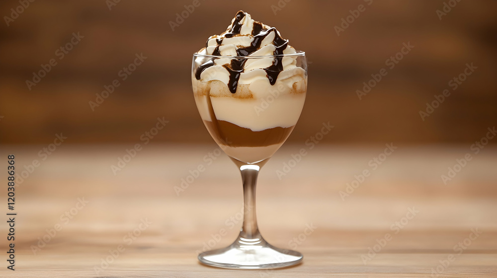 Creamy dessert in glass, chocolate topping, wood background, sweet treat, food photography