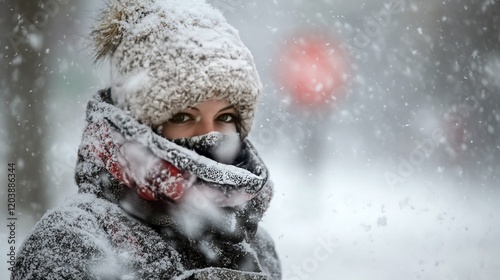 A person bundled up in winter clothing, braving the cold weather during a snowstorm.