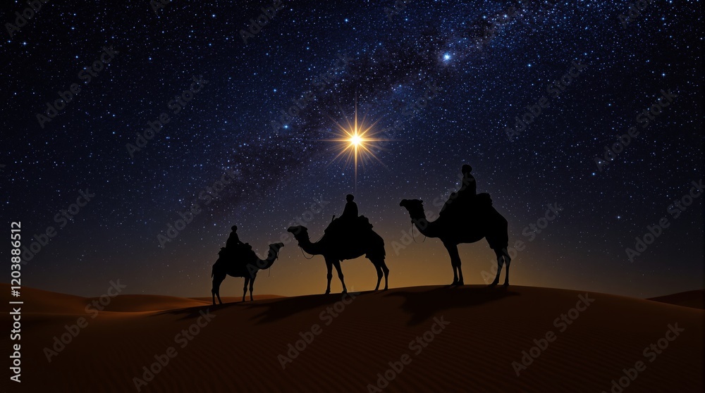 Silhouettes of camels with riders under a glowing star in a starry night sky over desert dunes. Concept of journey, starlight, and epiphany. Ai generative Silhouettes of camels with riders under a glowing star in a starry night sky over desert dunes. Concept of journey, starlight, and epiphany. Ai generative