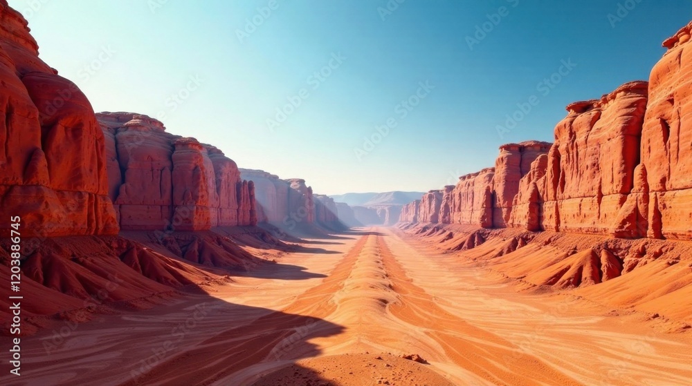 Fototapeta premium Arid Canyon Landscape Sunlit Sandstone Cliffs and Windswept Sands Form a Dramatic, Expansive Desert Gorge