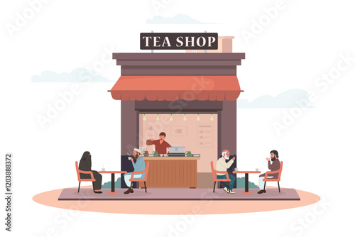 tea shop exterior people sitting outside cafe drinking tea, coffee vector illustration