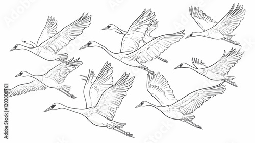 Wallpaper Mural Elegant cranes flying in formation against a white background, perfect for nature-themed designs Torontodigital.ca