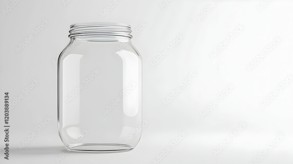 Empty glass jar on white background, studio shot; ideal for food, product, or packaging design mockups Empty glass jar on white background, studio shot; ideal for food, product, or packaging design mockups