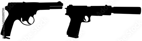 vector handgun pictogram Black Silhouette of pistol collection Silhouette black and white illustrations of various firearms including rifles, shotguns, pistols, and submachine guns. For military, law 