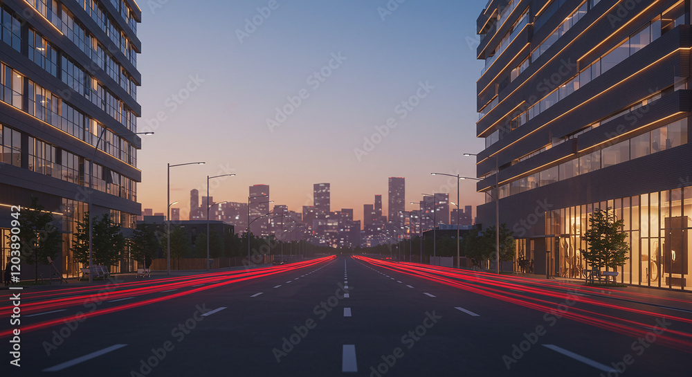 Obraz premium Cityscape Twilight Modern Buildings Illuminated Street Light Trails Urban Evening