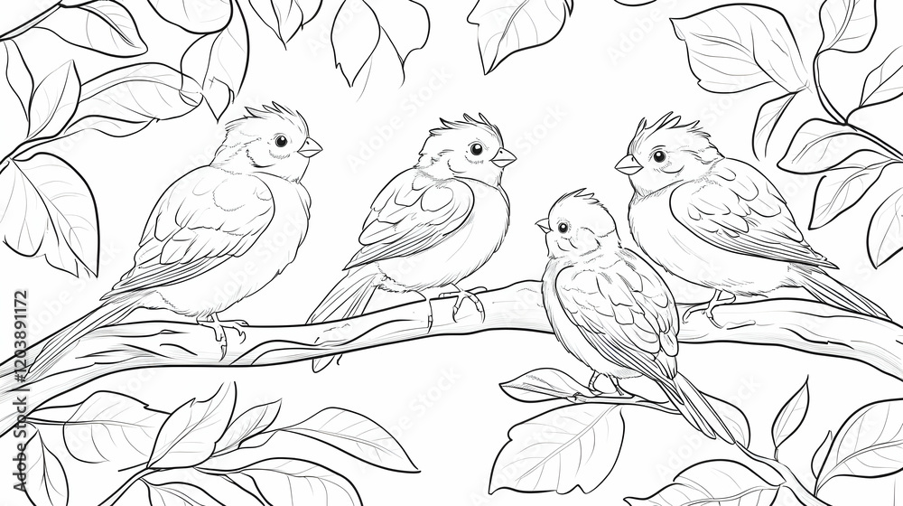 Four birds perched on a branch amidst foliage; nature illustration for coloring books or educational materials