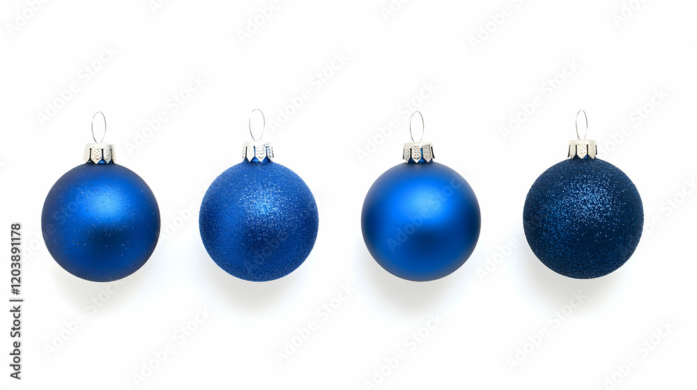 Four blue Christmas ornaments arranged in a row on white background; perfect for holiday cards or websites Four blue Christmas ornaments arranged in a row on white background; perfect for holiday cards or websites