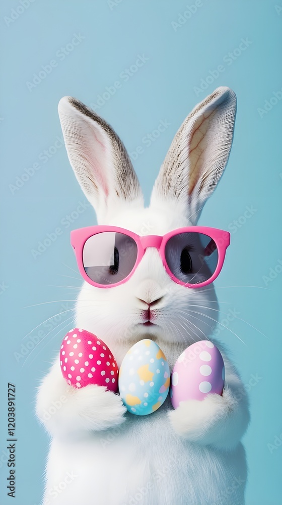 Fototapeta premium White Rabbit with Green Sunglasses Holding Colorful Easter Eggs on Muted Background