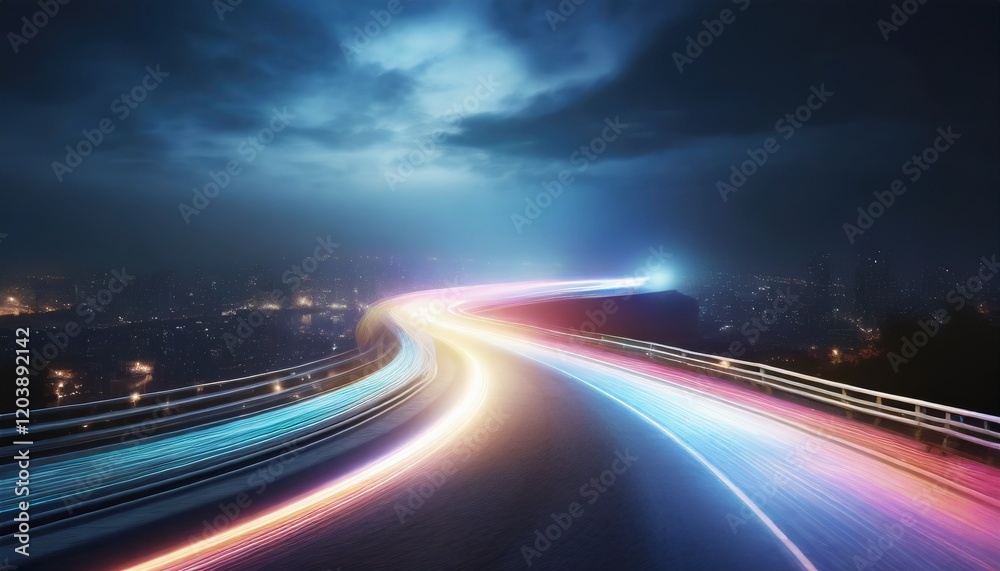 Abstract motion curvy urban road with neon light motion effect applied. Automobile on road background. Abstract motion curvy urban road with neon light motion effect applied. Automobile on road background.