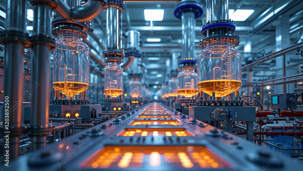 Fototapeta premium Closeup of chemical reactors in an expansive, sterile pharmaceutical facility, featuring intricate piping and illuminated control panels, depicting a highly controlled scientific environment