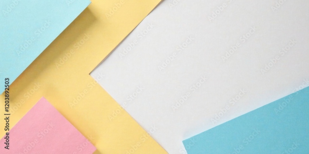 Pastel Paper Arrangement A Soft and Elegant Background Design Featuring Intersecting Shapes of Pale Yellow, Light Blue, and Soft Pink Papers on a White Surface