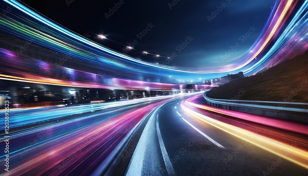 Abstract motion curvy urban road with neon light motion effect applied. Automobile on road background.