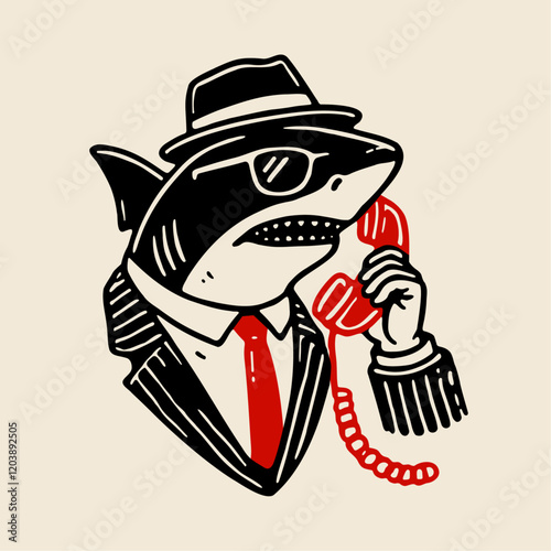 shark wearing a suit and talking on a red telephone, vintage mafia style illustration