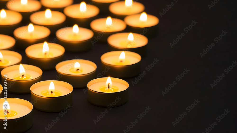 Glowing tea lights arranged on dark surface, background blurred, for remembrance or meditation Glowing tea lights arranged on dark surface, background blurred, for remembrance or meditation
