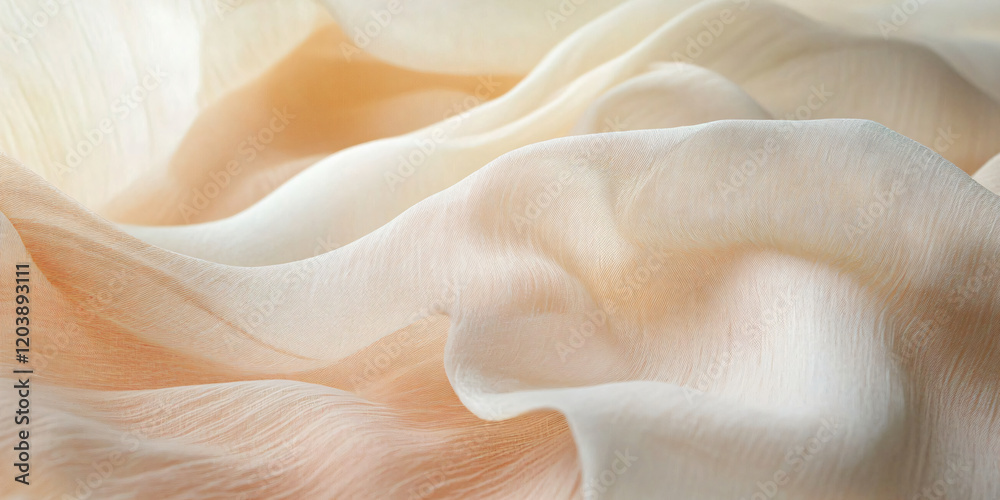 Transparent chiffon and silk fabric in beige or mocha mousse color. Light and airy waves, design banner template for trendy background, wallpaper and backdrops. Advertisement of sewing art and fashion Transparent chiffon and silk fabric in beige or mocha mousse color. Light and airy waves, design banner template for trendy background, wallpaper and backdrops. Advertisement of sewing art and fashion