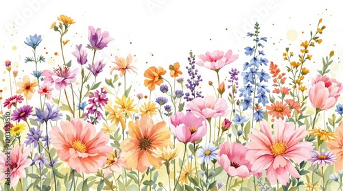 Vibrant watercolor illustration of a blooming floral field with colorful wildflowers in pink, orange, purple, and blue on a white background. Concept of nature's beauty. Ai generative