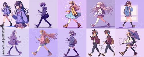 illustration of anime character listening music isolated on purple background