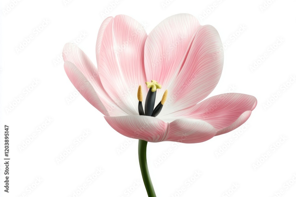 Delicate pink tulip blossom with intricate petal details against a clean white background Delicate pink tulip blossom with intricate petal details against a clean white background