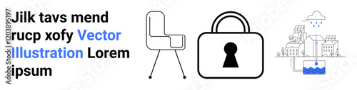 Chair, large lock, and smart city components with water systems. Ideal for security, urban planning, technology integration, office setup, smart solutions, urban infrastructure and water management