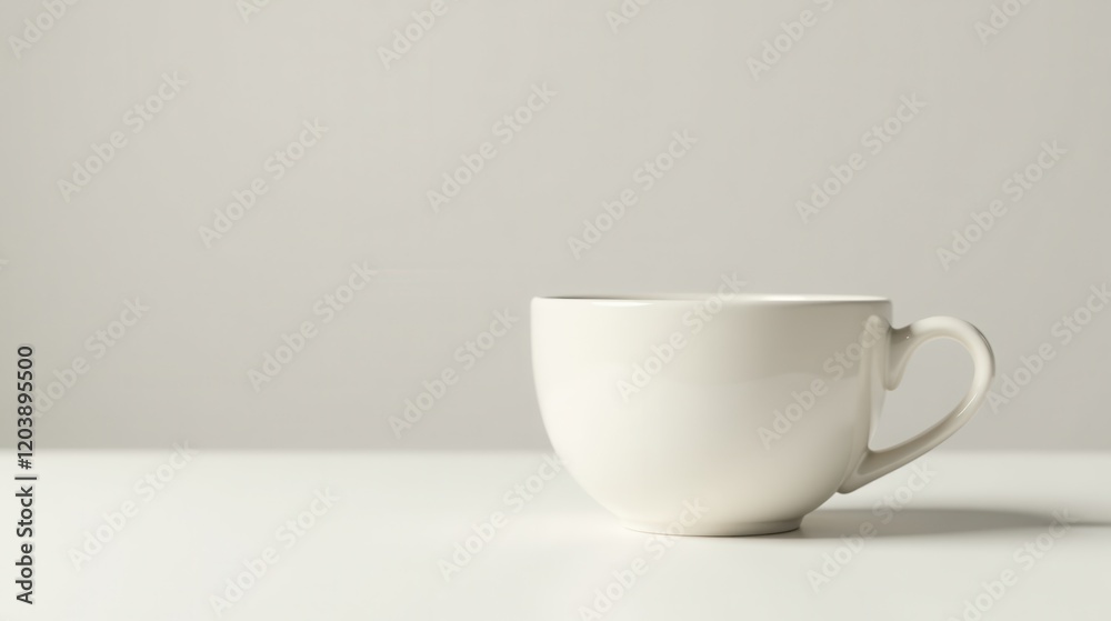 A single, empty, off-white ceramic teacup sits on a minimalist white surface against a neutral backdrop. A single, empty, off-white ceramic teacup sits on a minimalist white surface against a neutral backdrop.