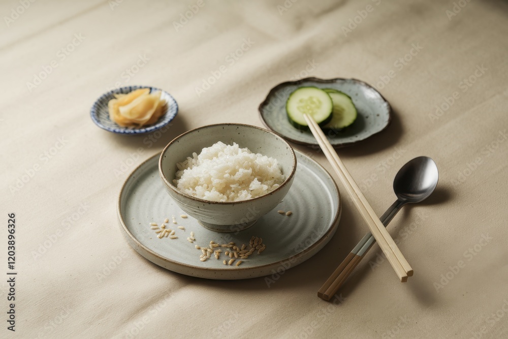 Simple Asian Rice Meal with Sides and Utensils Simple Asian Rice Meal with Sides and Utensils
