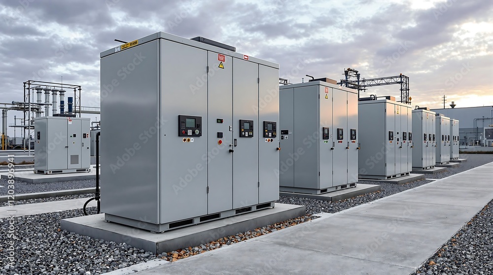 Fototapeta premium Industrial battery storage units in a power facility