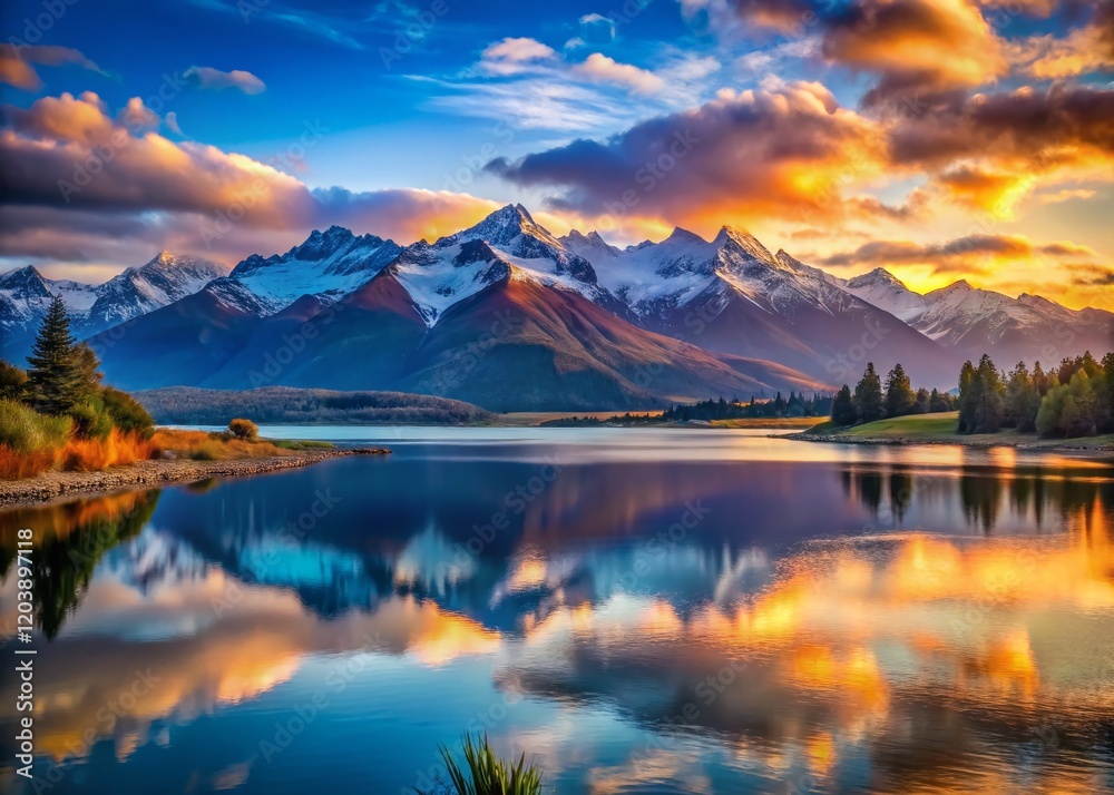Obraz premium New Zealand South Island Sunset: Stunning Blue Lake & Snow-Capped Mountains