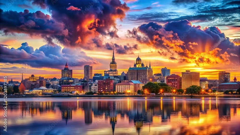 Fototapeta premium Newport Rhode Island Skyline Double Exposure Dramatic Sunset Cityscape