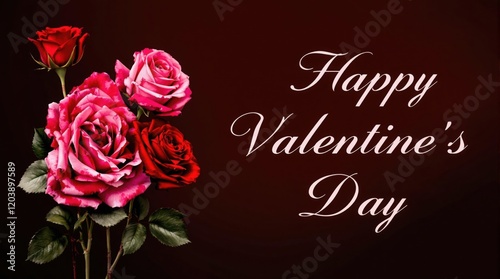 A vibrant red background with three stunning roses in full bloom, accompanied by elegant text that reads Happy Valentine's Day in graceful script