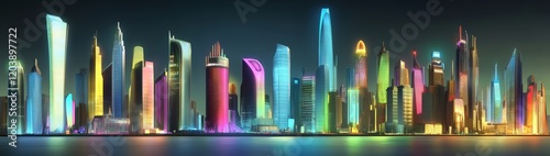 Futuristic Cityscape at Night with Neon Lights and Skyscrapers