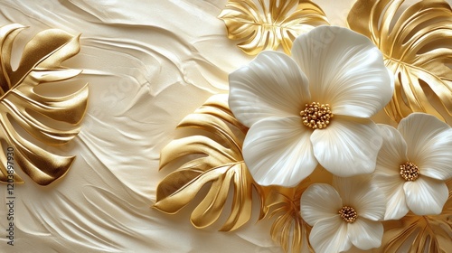 Elegant arrangement of golden leaves and white flowers on a textured cream background, ideal for decor