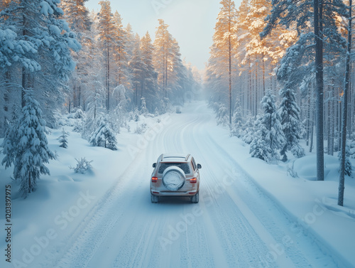 Beige SUV on Snow-Covered Road in Winter Forest
