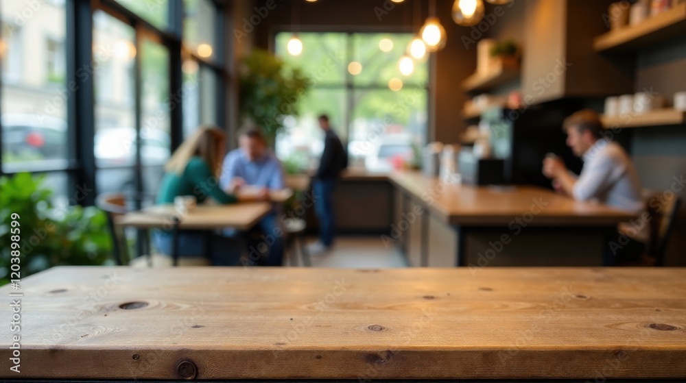 Empty wooden table in a relaxed cafe setting with blurred background of people enjoying coffee and conversation Empty wooden table in a relaxed cafe setting with blurred background of people enjoying coffee and conversation