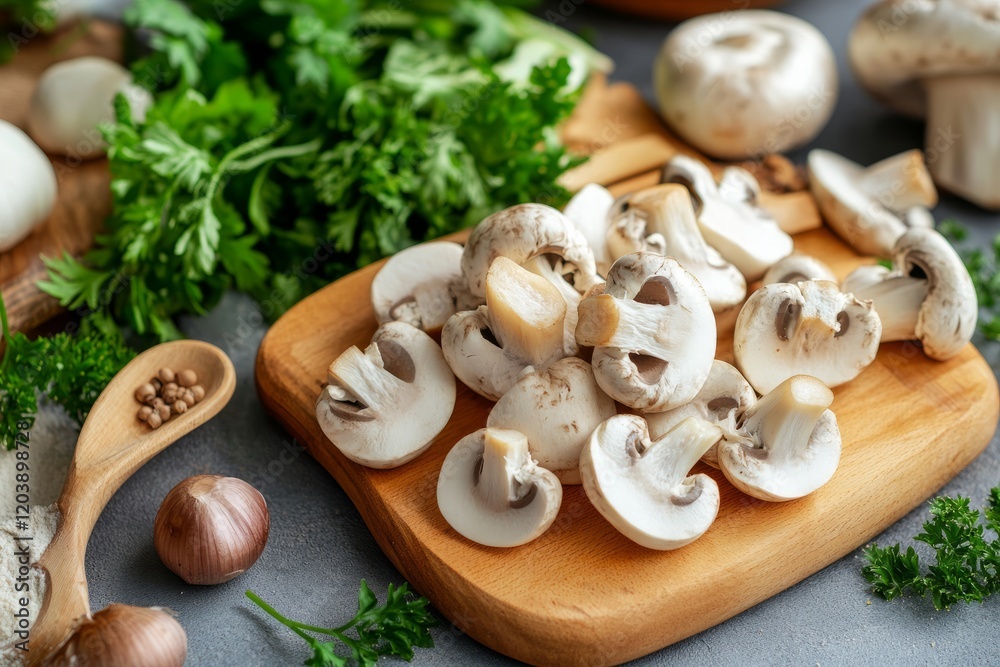 Close-up of sliced porcini mushrooms on a wooden board with a bunch of parsley creating a textured and attractive backdrop for food related themes. Close-up of sliced porcini mushrooms on a wooden board with a bunch of parsley creating a textured and attractive backdrop for food related themes.
