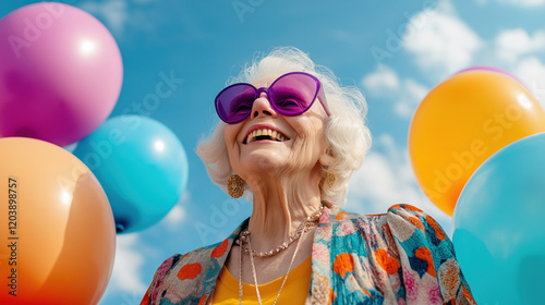 Elderly Caucasian woman enjoying vibrant balloons under clear blue sky photo