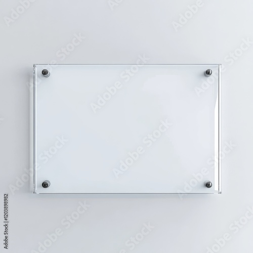 Blank transparent glass sign mounted on a white wall.