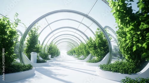 Lush green plants thriving in a modern greenhouse with curved architecture and bright lighting