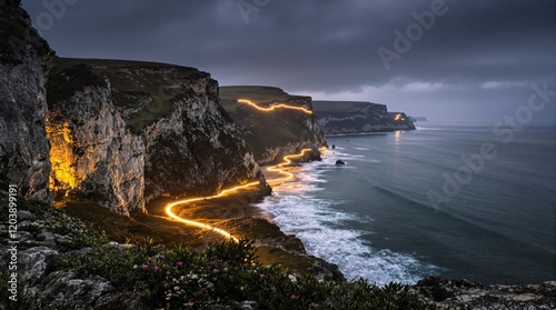 A stunning coastal scene with glowing light trails along cliffs, surrounded by a dramatic ocean and overcast sky. A breathtaking nature concept. Ai generative photo