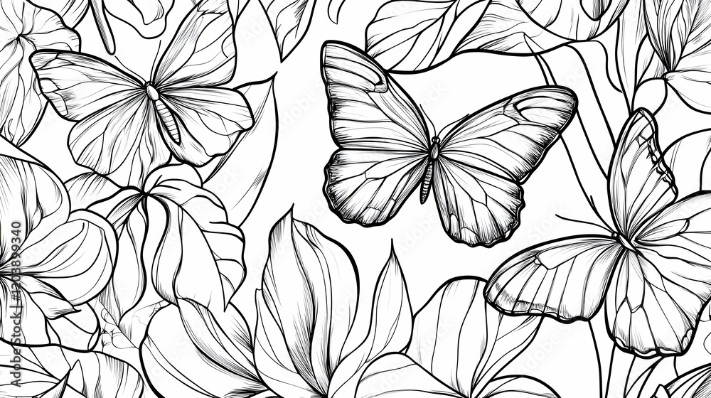 Monochrome butterflies and flowers seamless pattern; nature background for textile or wallpaper design Monochrome butterflies and flowers seamless pattern; nature background for textile or wallpaper design