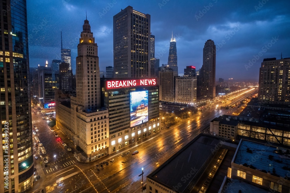 Obraz premium Night Cityscape: Breaking News on Illuminated Screens