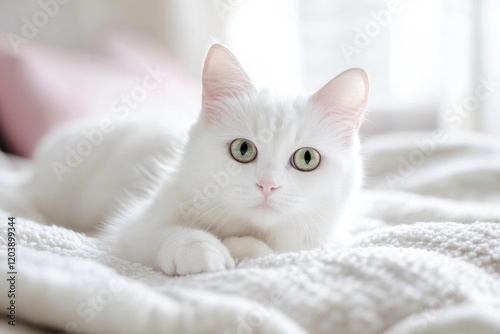 Cute white kitten resting on a comfy white bedspread