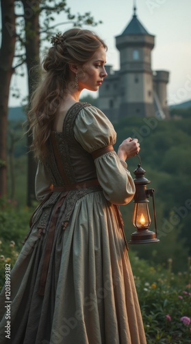 Medieval Woman by Castle