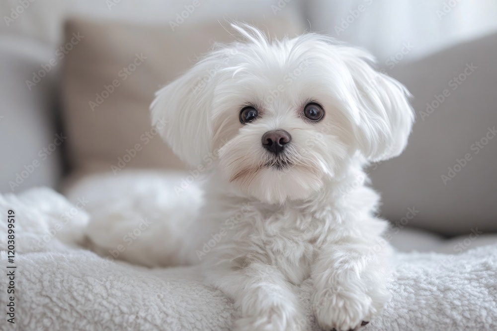 Сute white puppy lies calmly on a light sofa, looking at the camera. Сute white puppy lies calmly on a light sofa, looking at the camera.