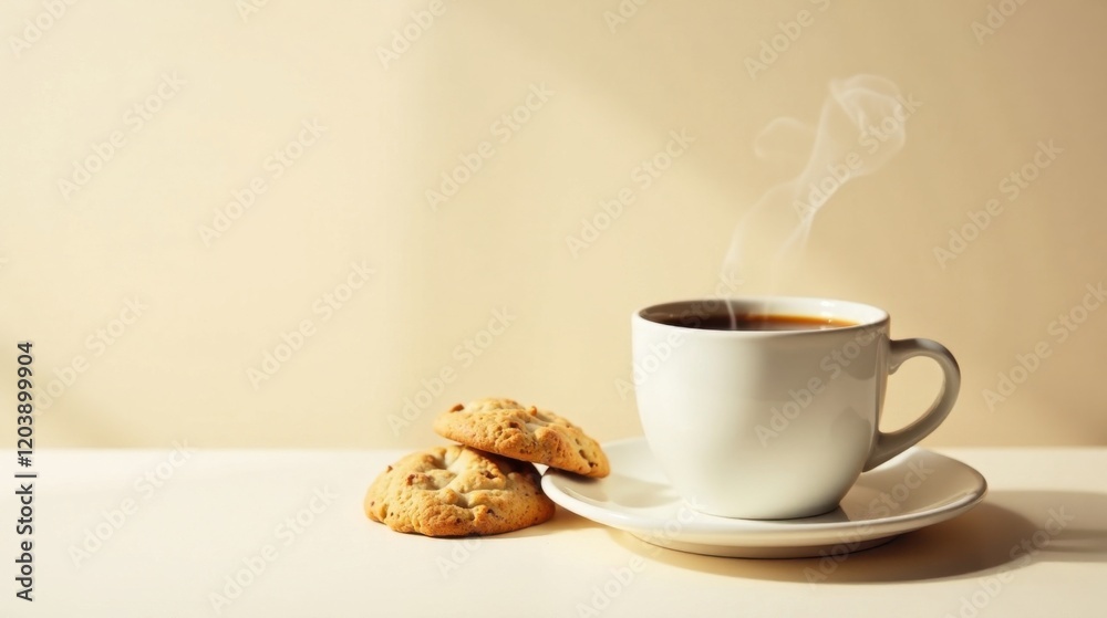 Warm beverage with sweet baked goods on a light surface Warm beverage with sweet baked goods on a light surface