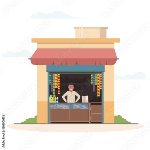 Pakistan shopkeeper inside the small commercial shop, cartoon style vector illustration