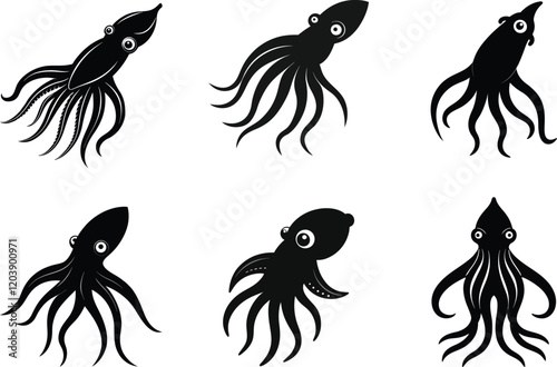 Collection of six silhouette vector illustrations of squids in various poses, showcasing a playful and minimalist design suitable for logos, icons, or decorative elements.